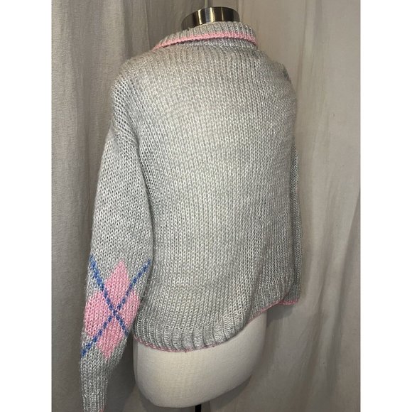 EVIAN II Knitted by Hand Women's Sweater Size M Long Sleeve Collar Grey/Pink - Picture 4 of 13